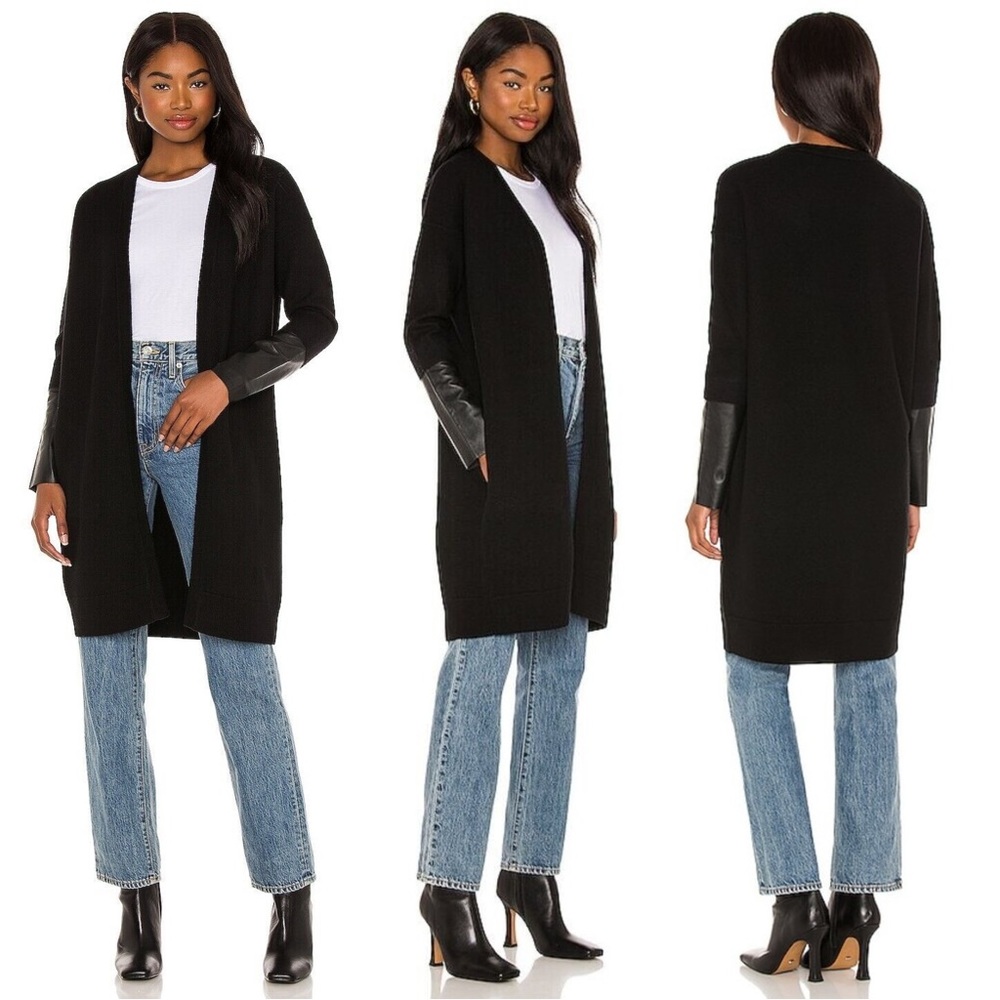 ALLSAINTS All Saints Essy Leather Cuff Trim Merino Wool Black Sweater Cardigan - Picture 2 of 12